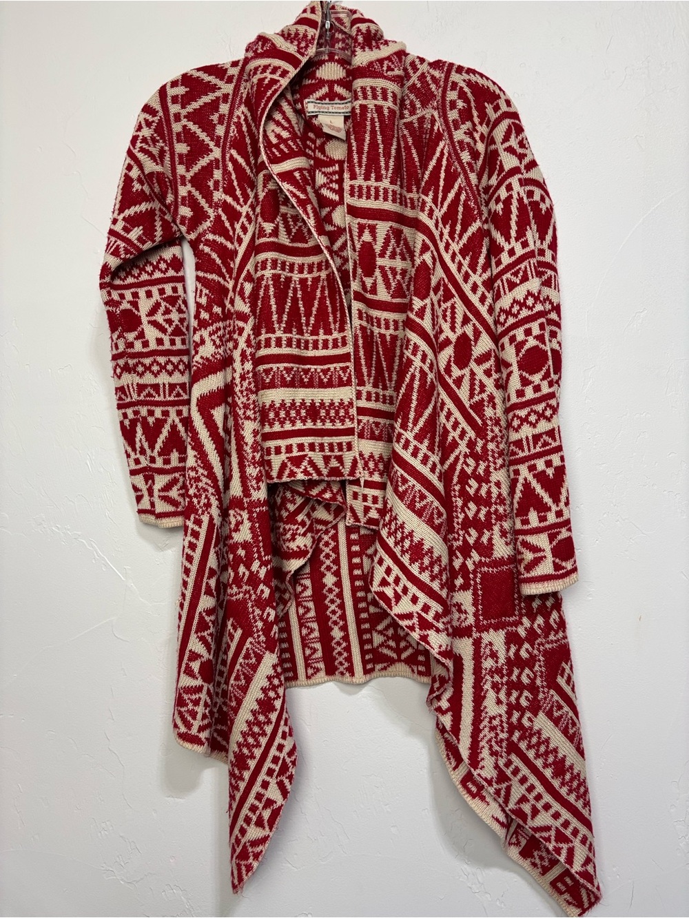 Flying Tomato Red Ivory Geometric Knit Open Draped Shawl Cardigan Sweater L